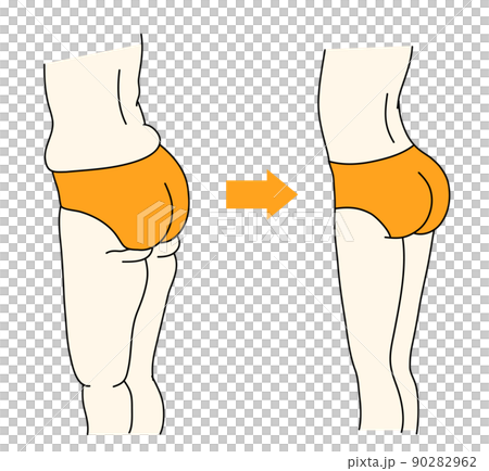 お腹周り、腰回り、お尻回り、足の肉をシェイプしたビフォーアフターのイラスト 90282962