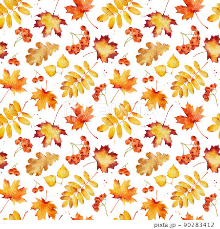 Watercolor seamless pattern with autumn leaves isolated on white background. 90283412