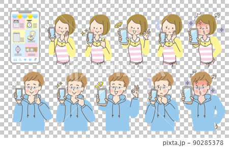 スマホの画面を見せる若い男女の表情セット 90285378