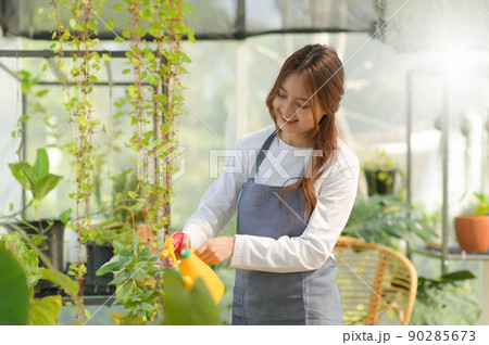 Young woman caring for trees in a greenhouse, planting trees, plant care equipment, planting greenhouses. 90285673