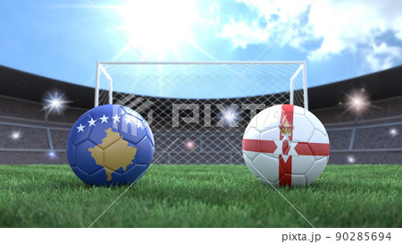 Two soccer balls in flags colors on stadium blurred background. Kosovo and Northern Ireland. 3d image 90285694
