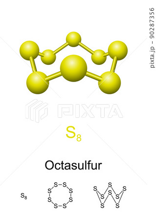 Octasulfur, ball-and-stick model, molecular and chemical formula. Also cyclo-octasulfur, cyclooctasulfane and octathiocane. Inorganic chemical with formula S8 and crown structure. Allotrope of sulfur. 90287356