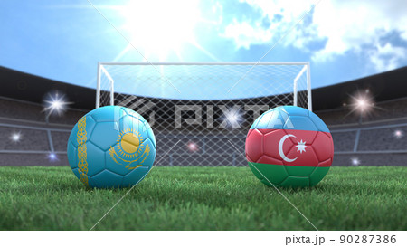 Two soccer balls in flags colors on stadium blurred background. Kazakhstan and Azerbaijan. 3d image Two soccer balls in flags colors on stadium blurred background. Kazakhstan and Azerbaijan. 3d image 90287386