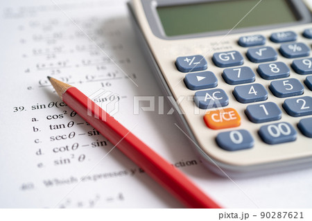 Pencil on mathematic formula exercise test paper in education school. 90287621