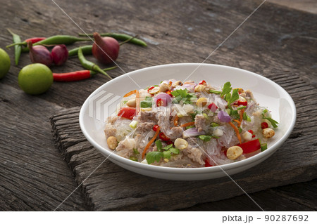 Spicy Glass Noodle Salad with Minced Pork (Yum woon sen) is a type of Thai salad made with clear bean vermicelli and meat in white plate Spicy Glass Noodle Salad with Minced Pork (Yum woon sen) is a type of Thai salad made with clear bean vermicelli and meat in white plate 90287692