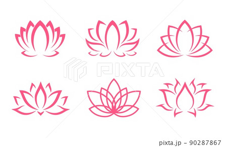 Pink lotus icons, flowers or yoga floral symbol in line silhouette, vector blossoms. Outline pink lotus petals for tattoo, asian spa or ornament decoration, religion, ayurveda relax and zen meditation 90287867