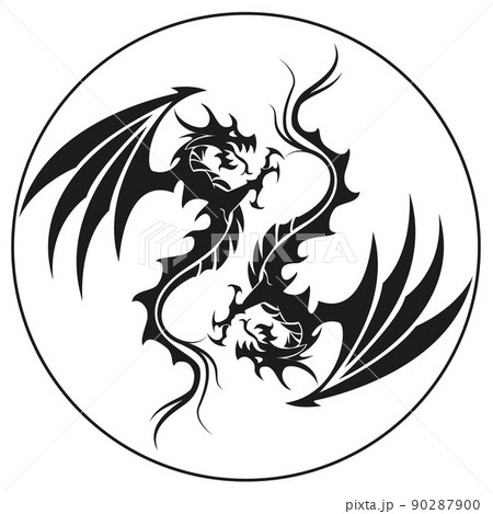 Dragons in a circle - Dragon symbol tattoo, black and white vector illustration Dragons in a circle - Dragon symbol tattoo, black and white vector illustration 90287900