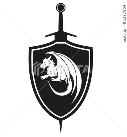 sword and shield with dragon symbol, black and white illustration vector 90287904