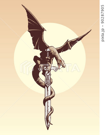 Fantasy Dragon with wings spread on a sword - original vector illustration 90287905