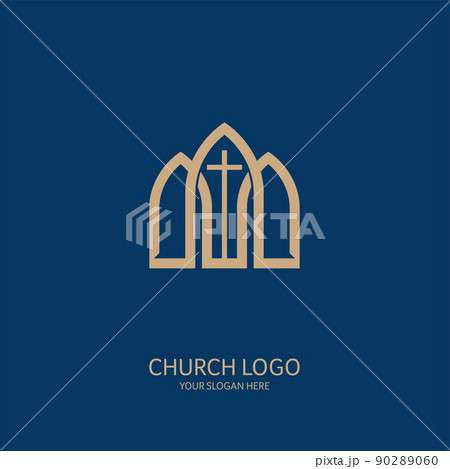Church logo. Christian symbols. Cross of the Savior Jesus Christ on the background of the arches of the church. Church logo. Christian symbols. Cross of the Savior Jesus Christ on the background of the arches of the church. 90289060