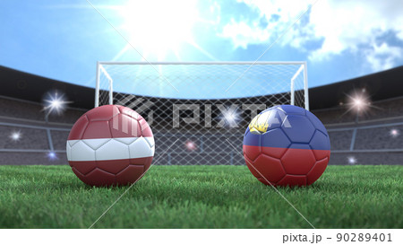 Two soccer balls in flags colors on stadium blurred background. Latvia and Liechtenstein. 3d image Two soccer balls in flags colors on stadium blurred background. Latvia and Liechtenstein. 3d image 90289401
