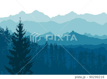 Mountains blue background. Spruce and pine mountain forest. Vector illustration 90290216
