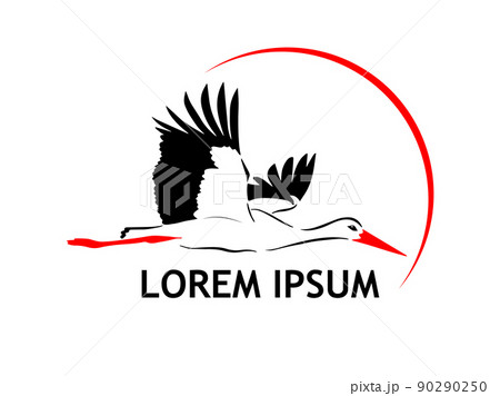 Flying stork and sun. Vector illustration. Flying stork silhouette logo. 90290250