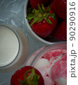 Strawberries ingridient with blurried strawberry ice cream on background. High quality photo 90290916