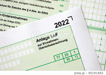 Anlage LuF - German 2022 excess income calculation and Information on determining profits from forestry. The concept of taxation and accountant paperwork Germany 90291883