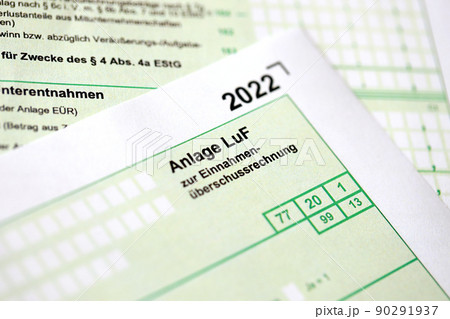 Anlage LuF - German 2022 excess income calculation and Information on determining profits from forestry. The concept of taxation and accountant paperwork Germany 90291937