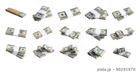 Big set of bundles of US dollar bills isolated on white. Collage with many packs of american money with high resolution on perfect white background 90291970