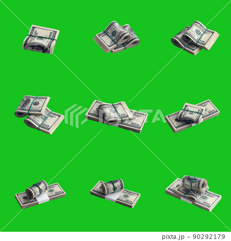 Big set of bundles of US dollar bills isolated on chroma key green. Collage with many packs of american money with high resolution on perfect green background 90292179