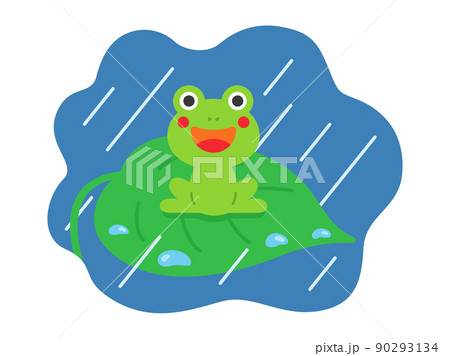 雨の日に 葉っぱの上にいる カエルのイラストのイラスト素材