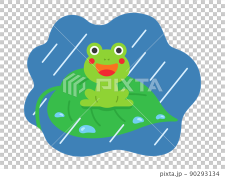 雨の日に、葉っぱの上にいる、カエルのイラスト 90293134