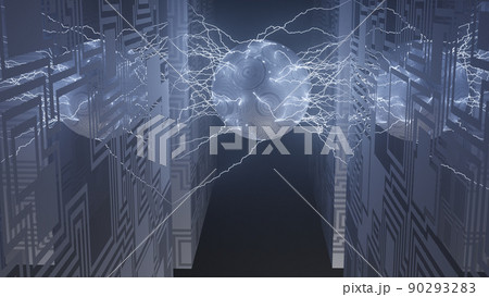 CGライトニング　放電する球体と模様のある立方体 90293283