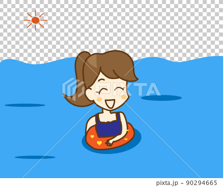 夏に海 プール リゾート施設などで楽しそうに水着を着て浮き輪でぷかぷかしている女性の手書きイラストのイラスト素材