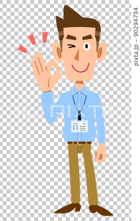 A man wearing a light blue shirt with an employee ID card and making an OK mark by hand 90294784