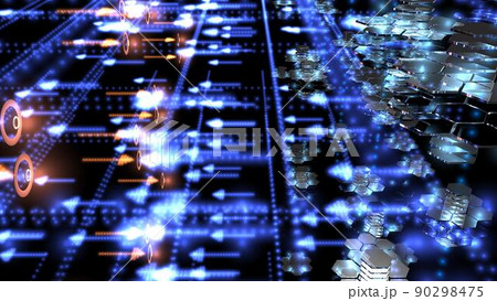 サイバー空間での電子戦。陣地とそれを守る前線の防衛線。データストレージを攻撃する電子的弾頭。 90298475