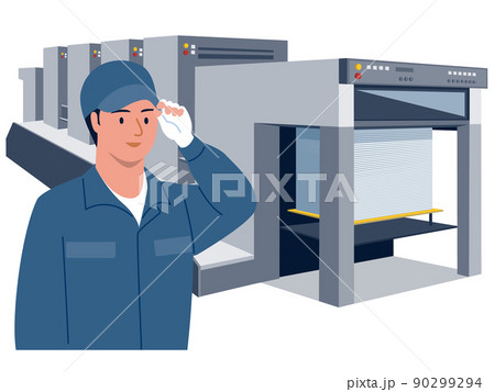 印刷会社で印刷機を操作する男性作業員のベクターイラスト 90299294