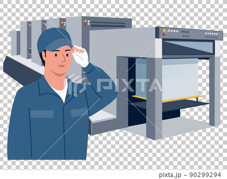 印刷会社で印刷機を操作する男性作業員のベクターイラスト 90299294