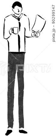 コーヒーを持つ長身ビジネスマン（墨の手描き人物イラスト） 90299547