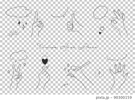 様々な種類のハンドサイン、ハンドポーズ、手のポーズと吹き出しの手描きの線画のベクターイラスト 90300159