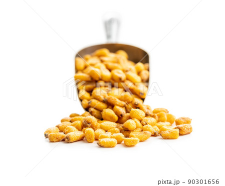 Roasted salted corn snack in scoop isolated on white background. 90301656