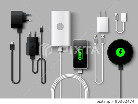 Mobile phone charger supply realistic vector set 90302474
