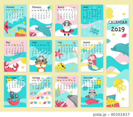 Calendar 2019 vector template with pirate animals 90302837