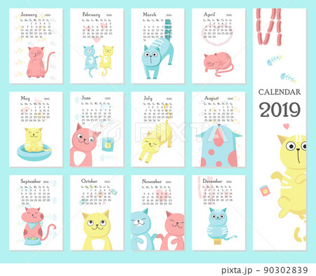Calendar 2019 vector template with cute cats 90302839