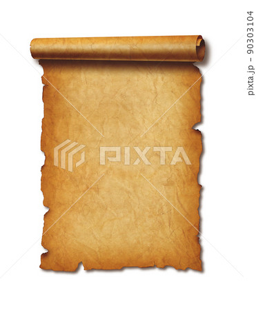 Old mediaeval paper sheet. Parchment scroll isolated on white with shadow 90303104
