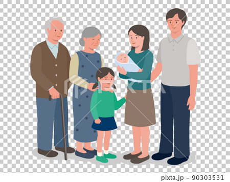 父、母、子ども、赤ちゃん、祖父、祖母の3世代家族の立姿のベクターイラスト 90303531