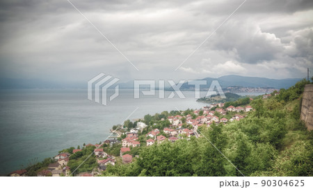 Panoramic aerial view to Ohrid lake and city from Konjsko, Elshani, North Macedonia Panoramic aerial view to Ohrid lake and city from Konjsko, Elshani, North Macedonia 90304625