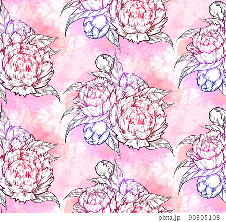 Seamless neon pattern with sketch of bunch of peonies on pink watercolor splashes. Natural fabric swatch. Vector botanical texture 90305108