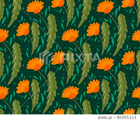 Seamless vector pattern with flat hand drawn dandelions with foliage on a dark green background. Natural texture with flowers. Seamless vector pattern with flat hand drawn dandelions with foliage on a dark green background. Natural texture with flowers. 90305113