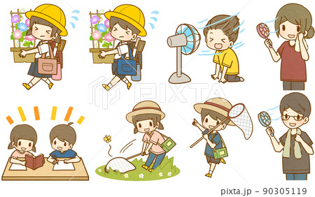 夏休みの子供たちと携帯扇風機を使う男性と女性 90305119