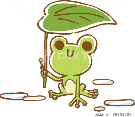 葉っぱの傘をさしているかわいい蛙のイメージイラスト 90305509