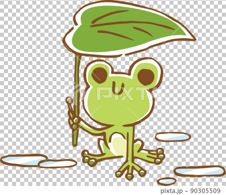 葉っぱの傘をさしているかわいい蛙のイメージイラスト 90305509