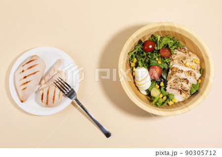 boiled chicken breast and chicken breast salad, white background 90305712