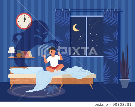 Kid nightmare vector child in bed afraid monster 90308281