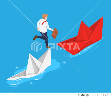 Businessman escape from sinking paper ship vector 90308352