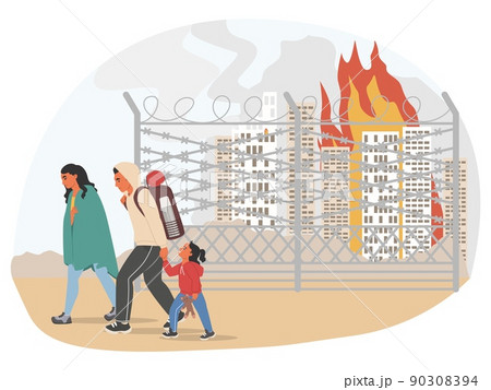 Refugees people run away from city bombing 90308394