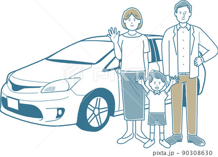 車をバックにポーズをとっているファミリー 90308630