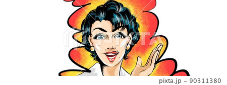 60年代レトロアメコミ青い髪の美熟女が視線を向け大袈裟な宣伝をするイラストと吹出し 90311380